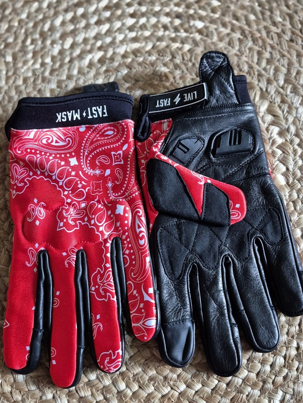 Red Bandana Print & Black Leather Men's Motorcycle Gloves Sz.XXL